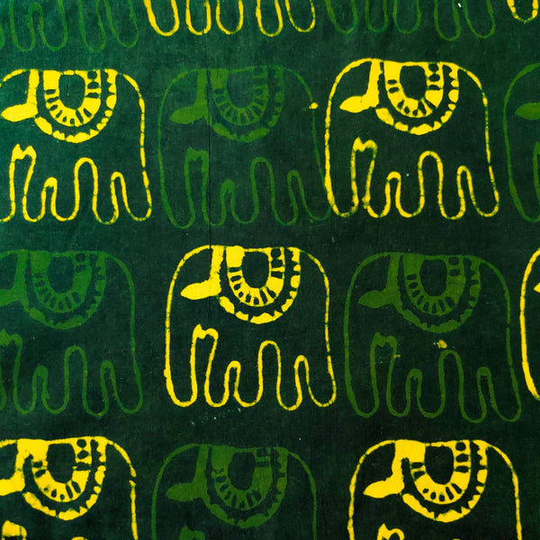 Pre-cut 1.80 meter Pure Cotton Dabu Green With Elephant Hand Block Print Fabric