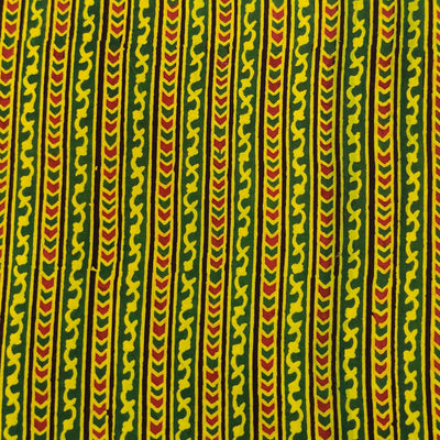 Pre-cut ( 1.40 meter )Pure Cotton Dabu Green Yellow With Intricate Stripes Hans Block Print Fabric