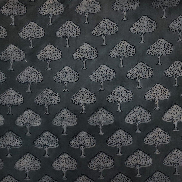 Pure Cotton Dabu Grey With Trees Hand Block Print Fabric