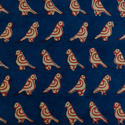 Pure Cotton Dabu Indigo With Red Outlined Bird Hand Block Print Fabric