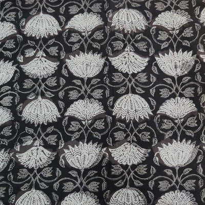 Blouse Piece 1 meter Pure Cotton Dabu Jahota Black Grey With Lotus Jaal Hand Block Print Fabric
