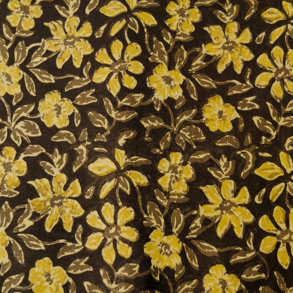 Pure Cotton Dabu Jahota Brown With Yellow Floral Jaal Hand Block Print Blouse Fabric ( 1 Meter )