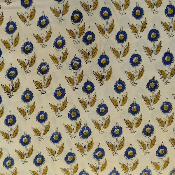 Pure Cotton Dabu Jahota Cream With Blue And Dark Mustard Floral Motifs Hand Block Print Fabric
