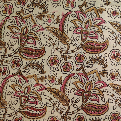 Pure Cotton Dabu Jahota Cream With Pink Mustard Floral Hand Block Print Fabric