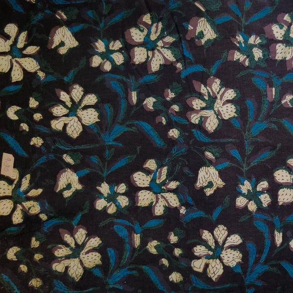 Pure Cotton Dabu Jahota Earthy Black With Cream Floral Jaal Hand Block Print Fabric