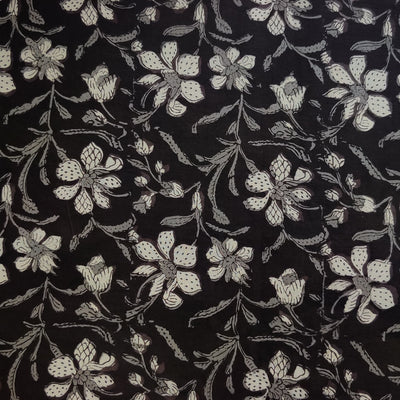 Pure Cotton Dabu Jahota Earthy Grey Black With Floral Jaal Hand Block Print Fabric