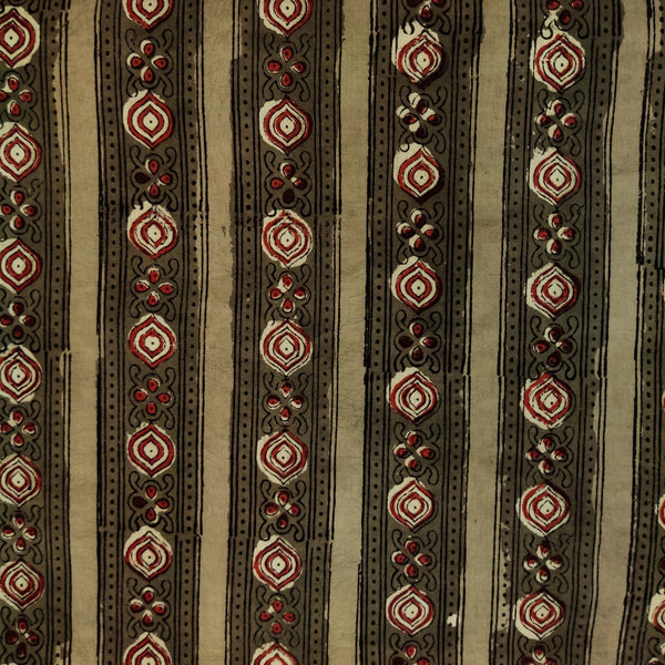 Pre-cut Pure Cotton Dabu Jahota Kashish Brown With Border Stripes Hand Block Print Fabric (2 meter)