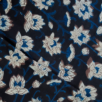 Pure Cotton Dabu Jahota With Blue Cream Lotus Hand Block Print Fabric