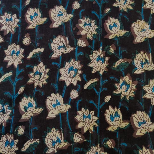 Pure Cotton Dabu Jahota With Green Blue Cream Lotus Hand Block Print Fabric