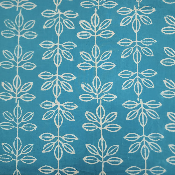 Pure Cotton Dabu Light Blue With Cream Leafy Flower Hand Block Print Fabric