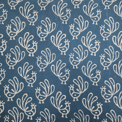 Pure Cotton Dabu Light Blue With Peacock Hand Block Print Fabric