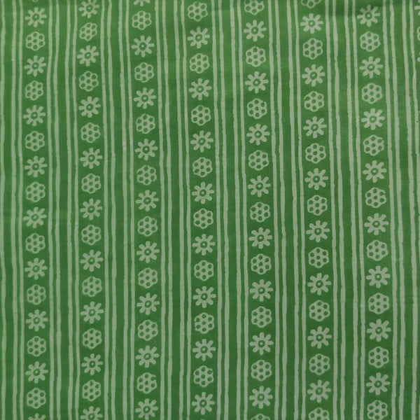 Pure Cotton Dabu Light Green With Stripes And Flowers Border Hand Block Print Fabric