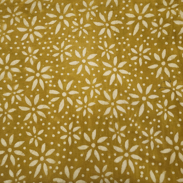 Pure Cotton Dabu Mustard With All Size Flowers Hand Block Print Fabric