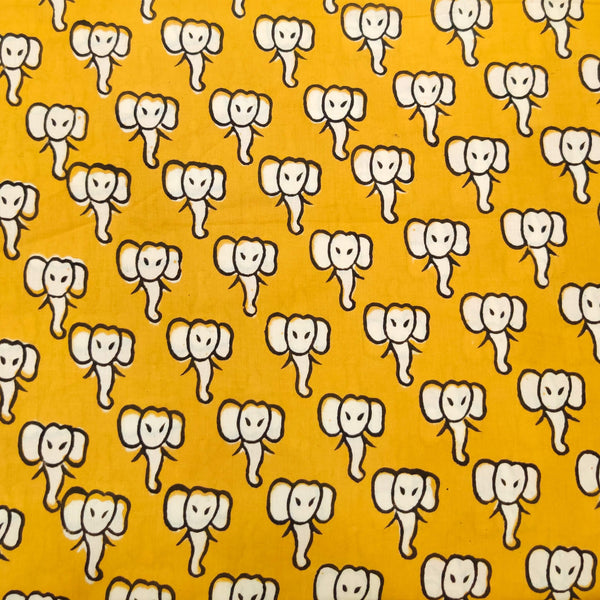 Pure Cotton Dabu Mustard With Cream Baby Elephant Hand Block Print Fabric