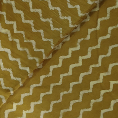 Pure Cotton Dabu Mustard With Zig Zag Waves Hand Block Print Fabric