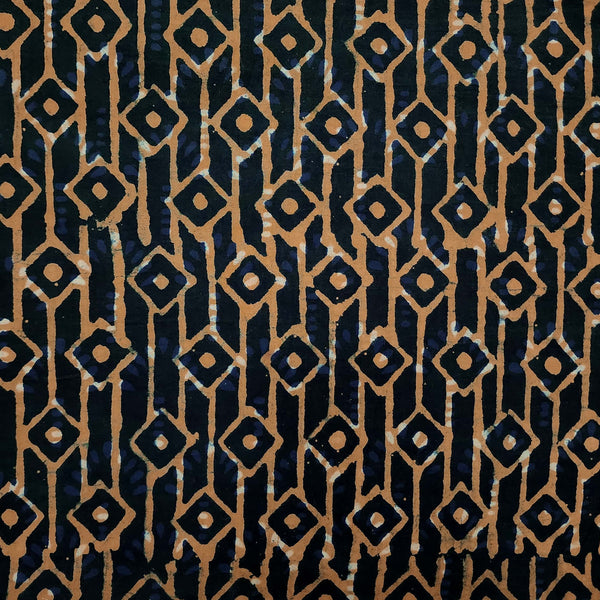 Pure Cotton Dabu Navy Blue With Orange All Over Geometric Pattern Hand Block Print Fabric