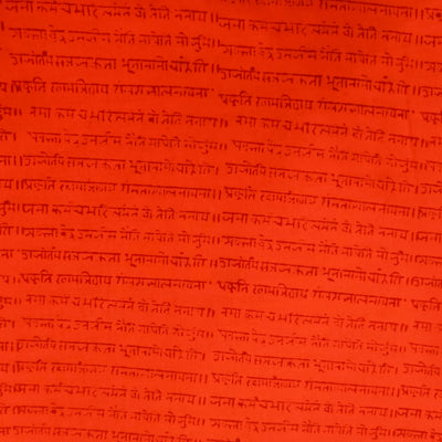 Pre Cut 1.5 Meter Pure Cotton Dabu Orange With Maroon Sanskrit Script Hand Woven Fabric
