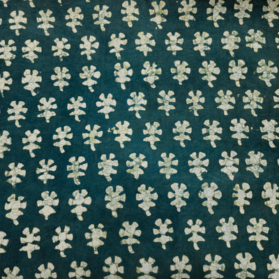 Pure Cotton Dabu Teal With Small Cream Flower Motifs Hand Block Print Fabric