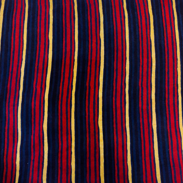 Pure Cotton Dabu With Maroon Dark Blue And Cream Stripes Hand Block Print Blouse Piece Fabric ( 1.10 meter)