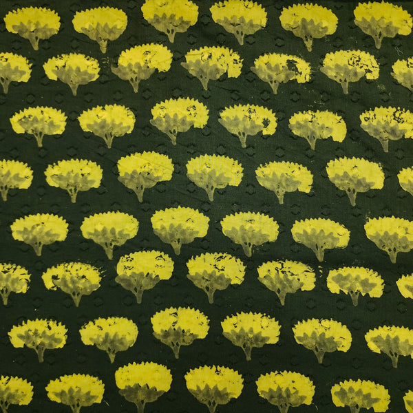Pure Cotton Dark Green Doby Discharge With Yellow Flowers Hand Block Print Fabric