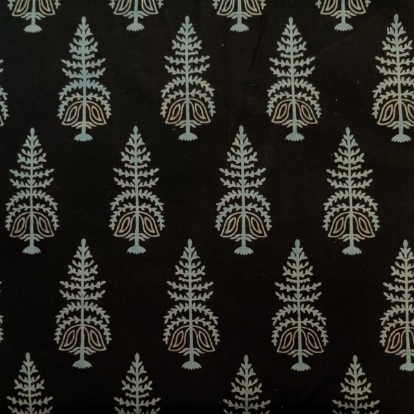 Pure Cotton Discharge Dabu Black With Grey Indian Tree Block Hand Block Print Fabric