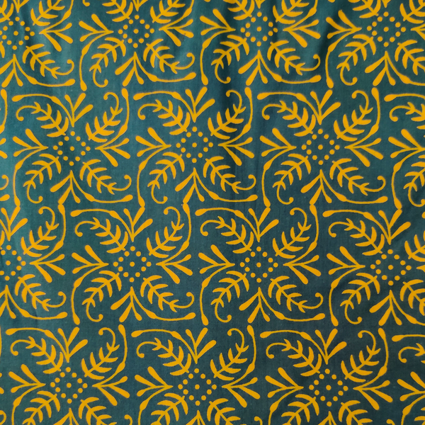 Pre-cut 2.20 meter Pure Cotton Discharge Dabu Grey With Yellow Curvy Pattern Hand Block Print Fabric