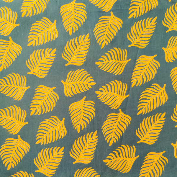 Pre-cut Pure Cotton Discharge Dabu Grey With Yellow Fern Leaf Block Hand Block Print Fabric( 2.35 meter)