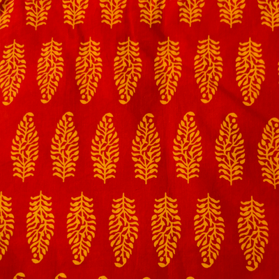 Pure Cotton Discharge Dabu Red With Yellow Fern Block Hand Block Print Fabric