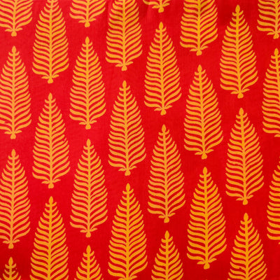 Pure Cotton Discharge Dabu Red With Yellow Fern Hand Block Print Fabric