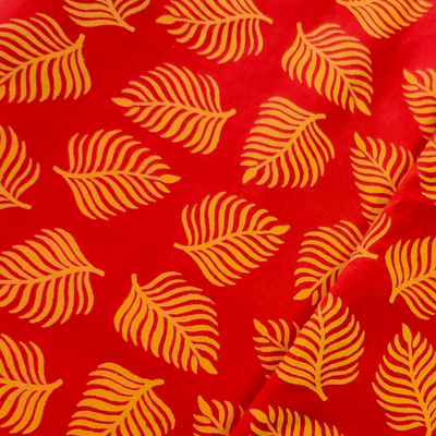 Pure Cotton Discharge Dabu Red With Yellow Fern Leaf Block Hand Block Print Fabric