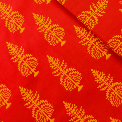 Pure Cotton Discharge Dabu Red With Yellow Indian Tree Block Hand Block Print Fabric