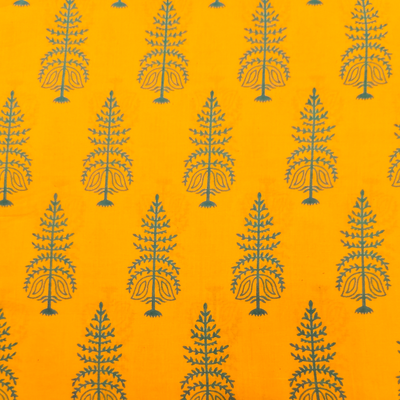 Pure Cotton Discharge Dabu Yellow With Grey Indian Tree Block Hand Block Print Fabric