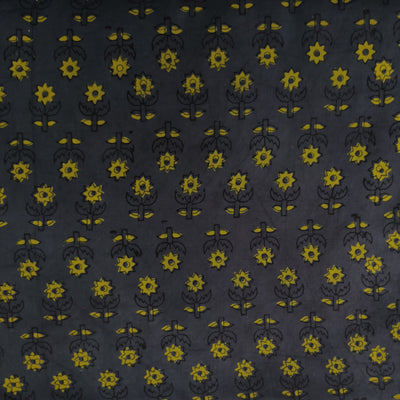 Pure Cotton Discharge Naptol Grey With Yellow Small Flowers Hand Block Print Fabric