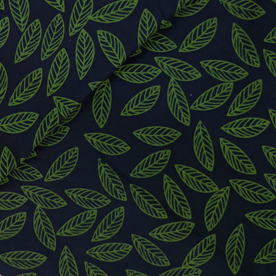 Pure Cotton Discharge Print Navy And Green All Over Leaves Pattern Hand Block Print Fabric