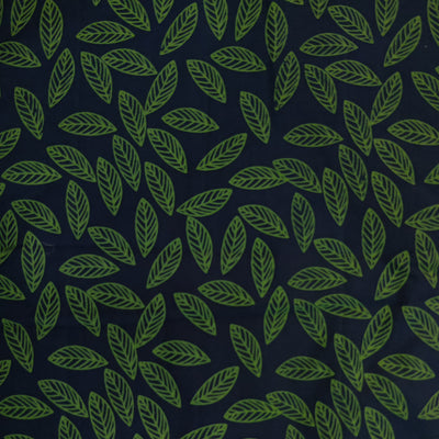 Pure Cotton Discharge Print Navy And Green All Over Leaves Pattern Hand Block Print Fabric