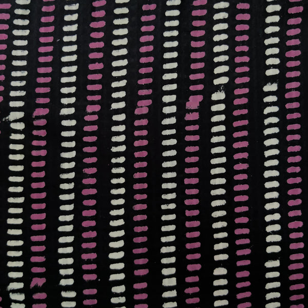 Pure Cotton Doby Dabu Black With Pink And Cream Dash Stripes Hand Block Print Fabric