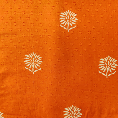 Pre cut 1.45  Meter Pure Cotton Doby Dabu Orange With Cream Single Flower Plant Hand Block Print Fabric