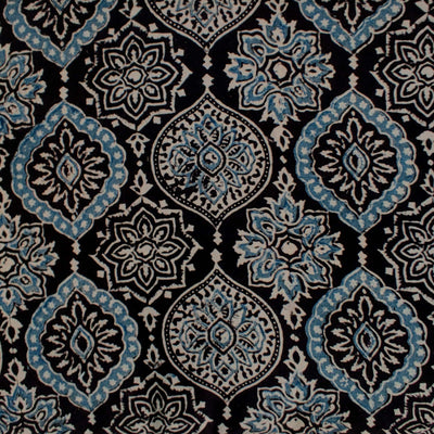 Pure Cotton Double Ajrak Black With A Beautiful Blue Floral Tile Hand Block Print Fabric