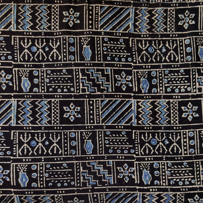 Pure Cotton Double Ajrak Black With Blue Cream Tribal Block Reel Hand Block Print Fabric