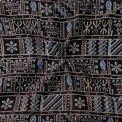 Pure Cotton Double Ajrak Black With Blue Cream Tribal Block Reel Hand Block Print Fabric