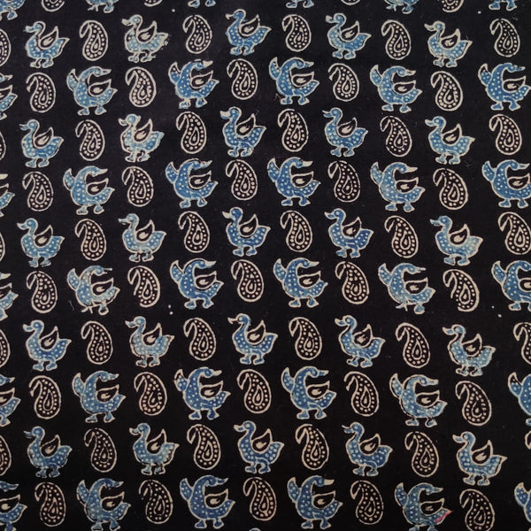 Pure Cotton Double Ajrak Black With Blue Duckling Kairi Hand Block Print Fabric