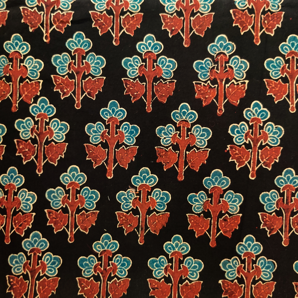Pre-cut 1.80 meter Pure Cotton Double Ajrak Black With Red Blue Three Flower Plant Hand Block Print Fabric
