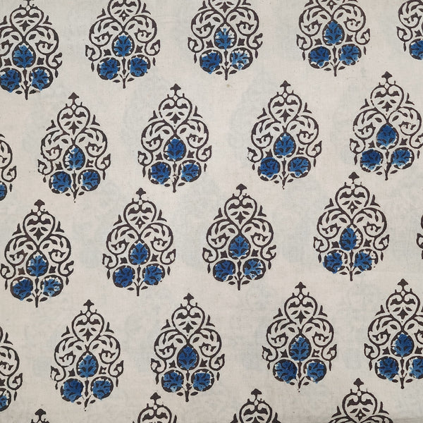 Pure Cotton Double Ajrak Cream With Black And Blue Leafs Motifs Hand Block Print Fabric