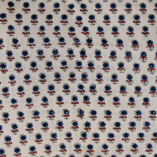 Precut 2 Meter Pure Cotton Double Ajrak Cream With Blue Rust Tiny Flowers Hand Block Print Fabric