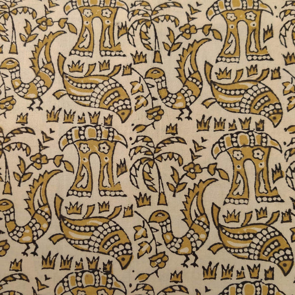 Pre-cut Pure Cotton Double Ajrak Cream With Duck Fish Hut In The Village Hand Block Print Fabric( 1.85 meter)