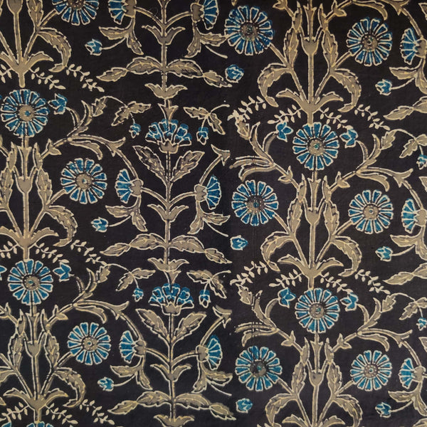 Pure Cotton Double Ajrak Dark Brown With Blue Wild Flower Jaal Hand Block Print Fabric