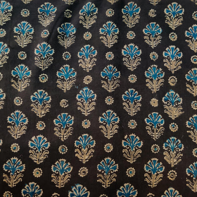 Pure Cotton Double Ajrak dark dull Brown With Blue Flower Motifs Hand Block Print Fabric