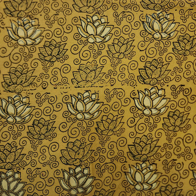 Pure Cotton Double Ajrak Mustard With Green And Cream Lotus Jaal Hand Block Print Fabric