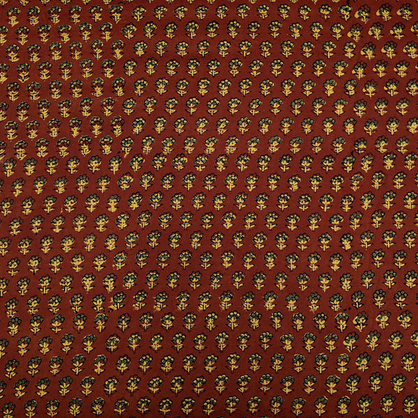 Pure Cotton Double Ajrak Rust With Very Tiny Green Mustard Flowers Motifs Hand Block Print Fabric