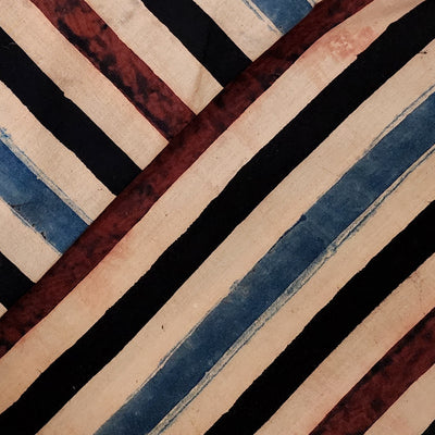 Pure Cotton Double Ajrak Shades Of Maroon Blue Black Stripes Hand Block Print Fabric